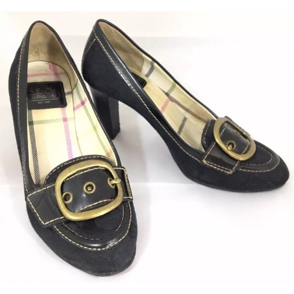 Coach Black Signature Canvas & Leather Buckle High Heels Size 6 - Picture 2 of 8